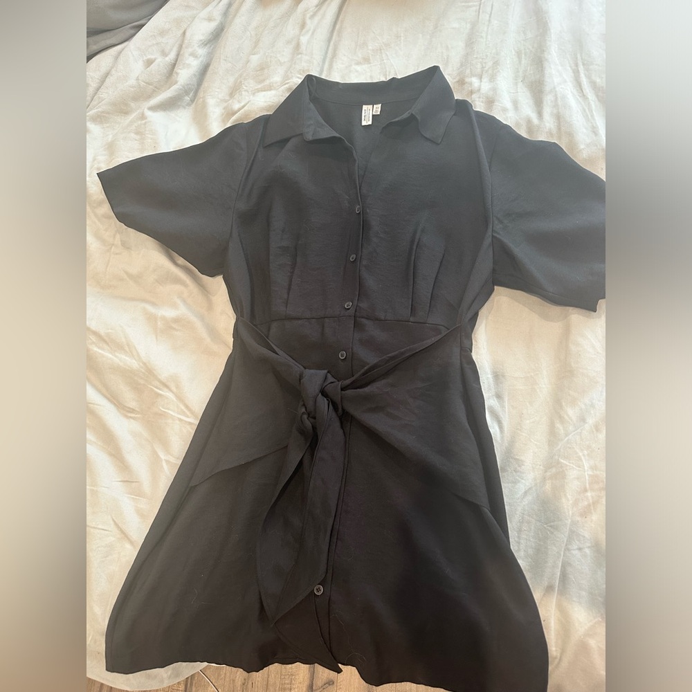 & Other Stories Mini Dress Black Linen Size 12 Tie-Front Shirtdress NEW